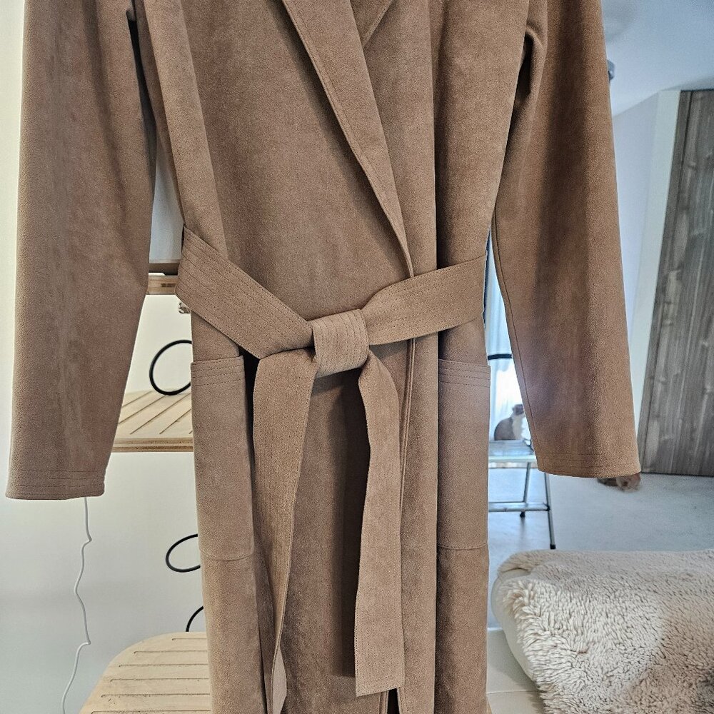 Ultrasuede Long Wrap Coat – Custom Made, Taupe Brown